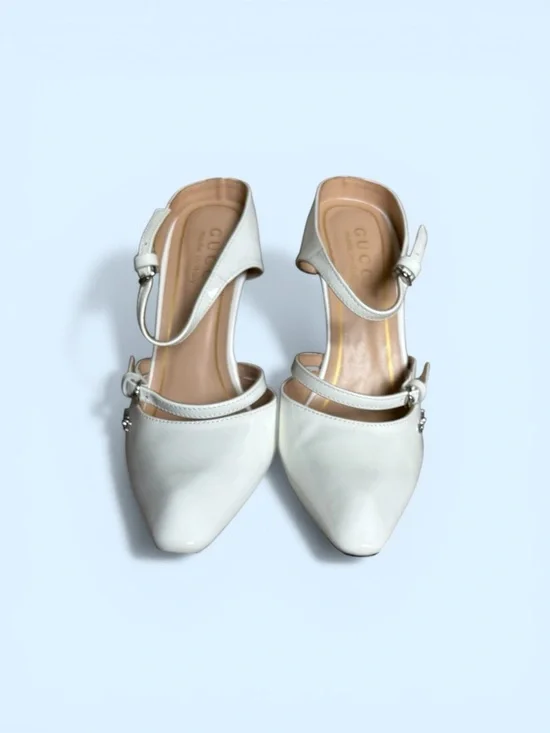 Gucci White Patent Leather Pointed-Toe Sandals with Lucite Wedge - Picture 4 of 5